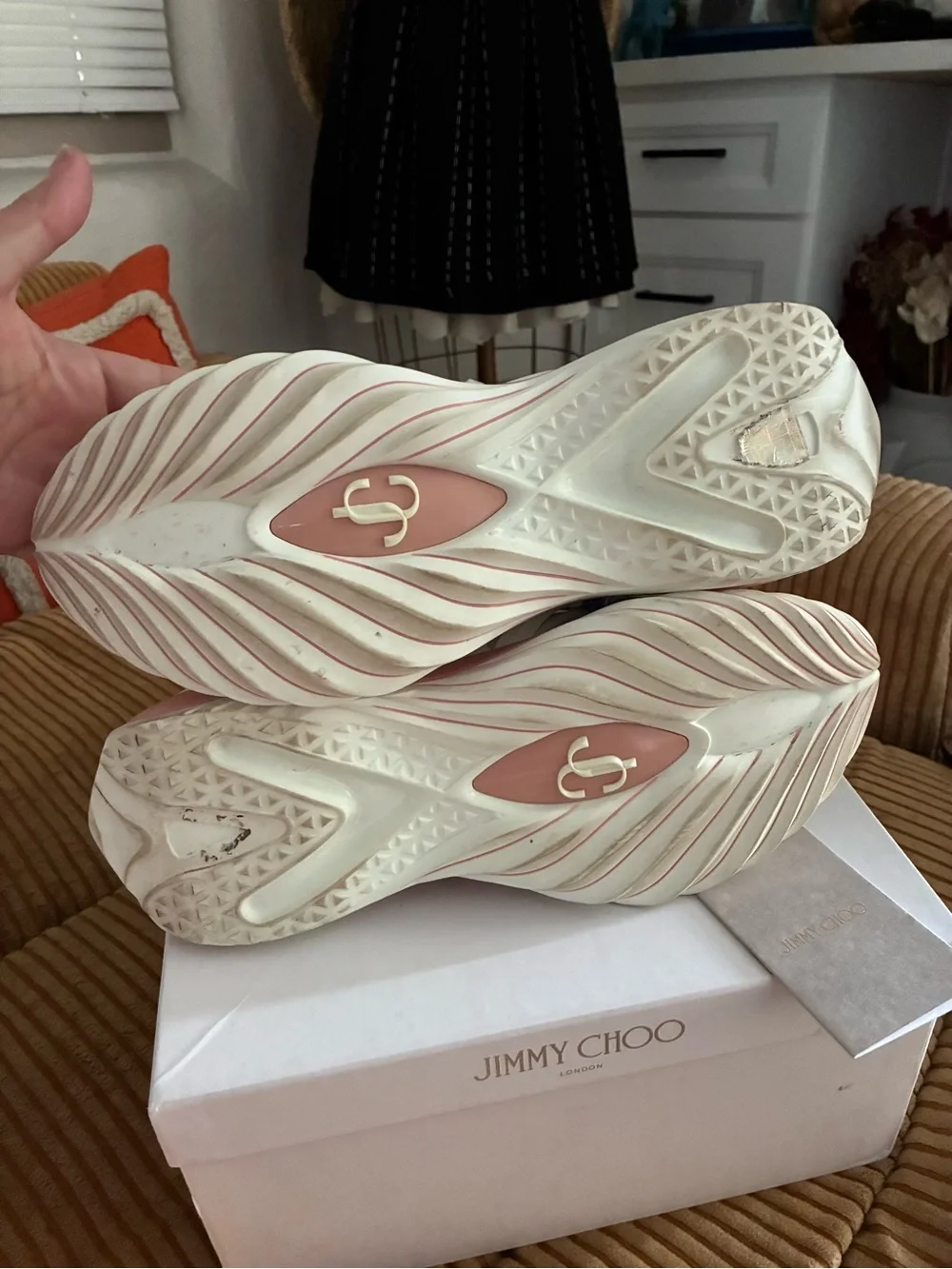 Jimmy Choo Cream Sneakers with Pink & Blue Accents - Picture 5 of 9